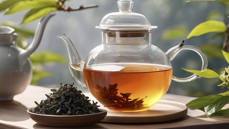Oolong tea in a teapot beside a small heap of dry oolong leaves. Oolong is very refreshing and can be brewed several times